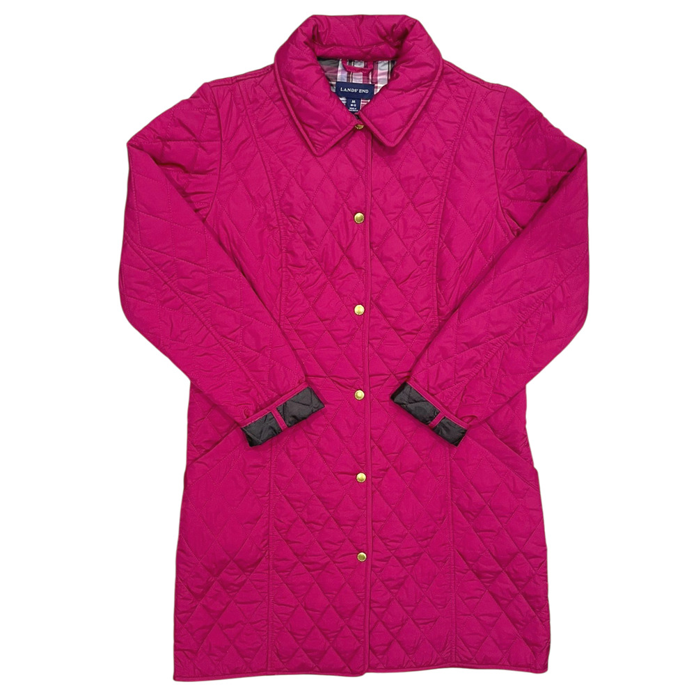 Lands' End Puffer Jacket Womens M Pink Quilted Long Coat Snap Pink Barn Chore